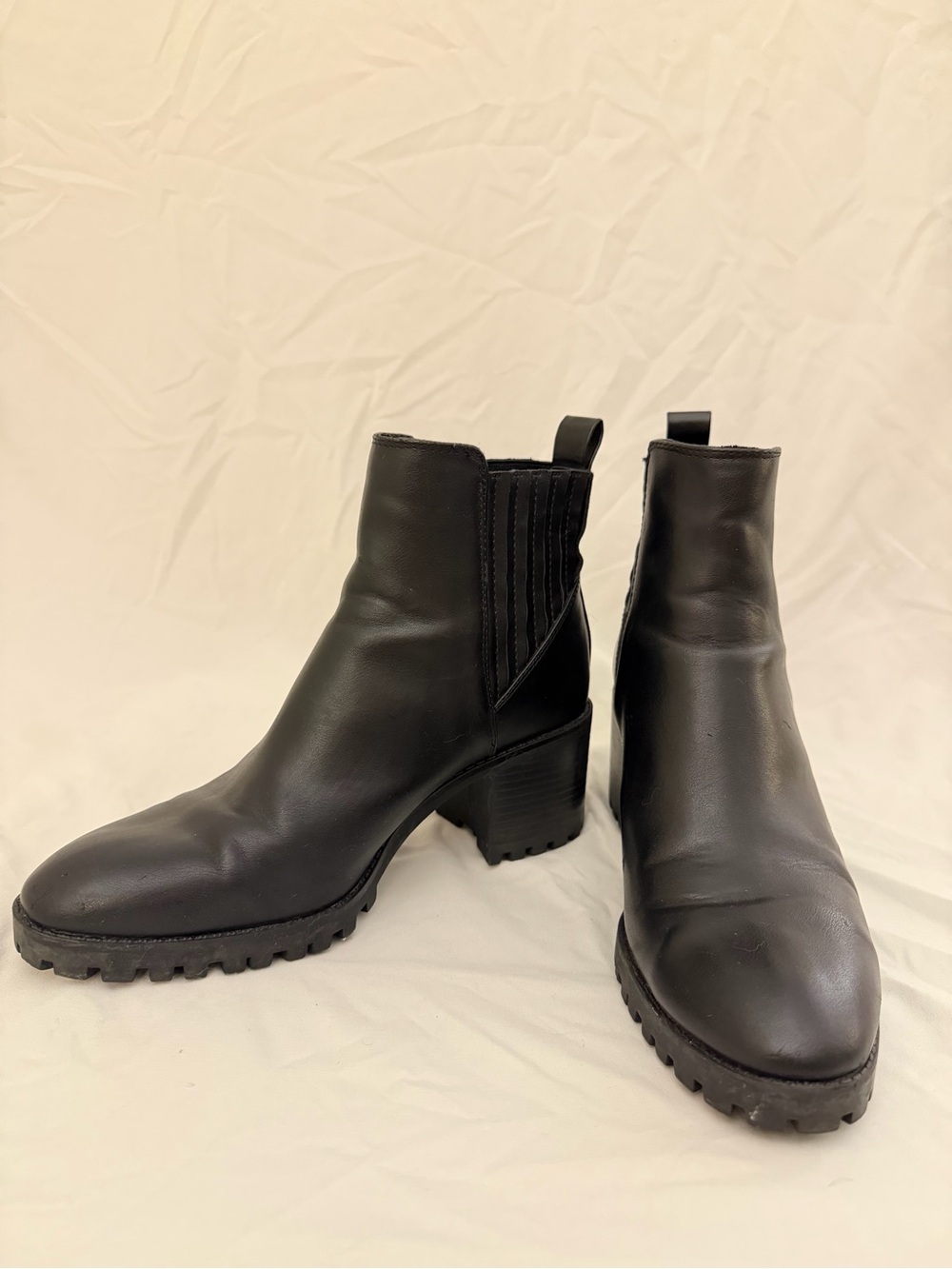 Zara Black Leather Lug Sole Block Heel Chelsea Ankle Boots Size 39